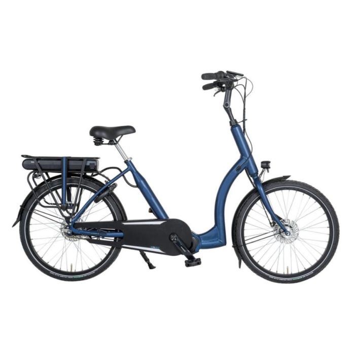 Blauwe Aldo Finestra lage instap e-bike met Shimano Steps middenmotor en geïntegreerde 504 Wh accu.