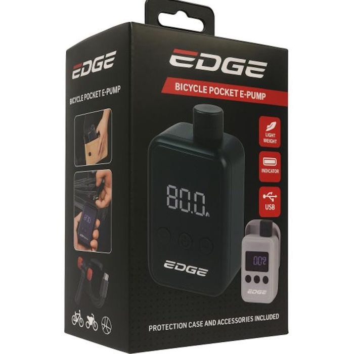 Fietspomp Elektrische Accu Edge zwart – compacte elektrische fietspomp met USB-C oplaadfunctie voor onderweg
