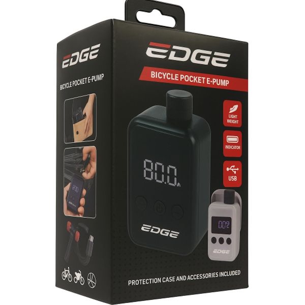 Fietspomp Elektrische Accu Edge zwart – compacte elektrische fietspomp met USB-C oplaadfunctie voor onderweg