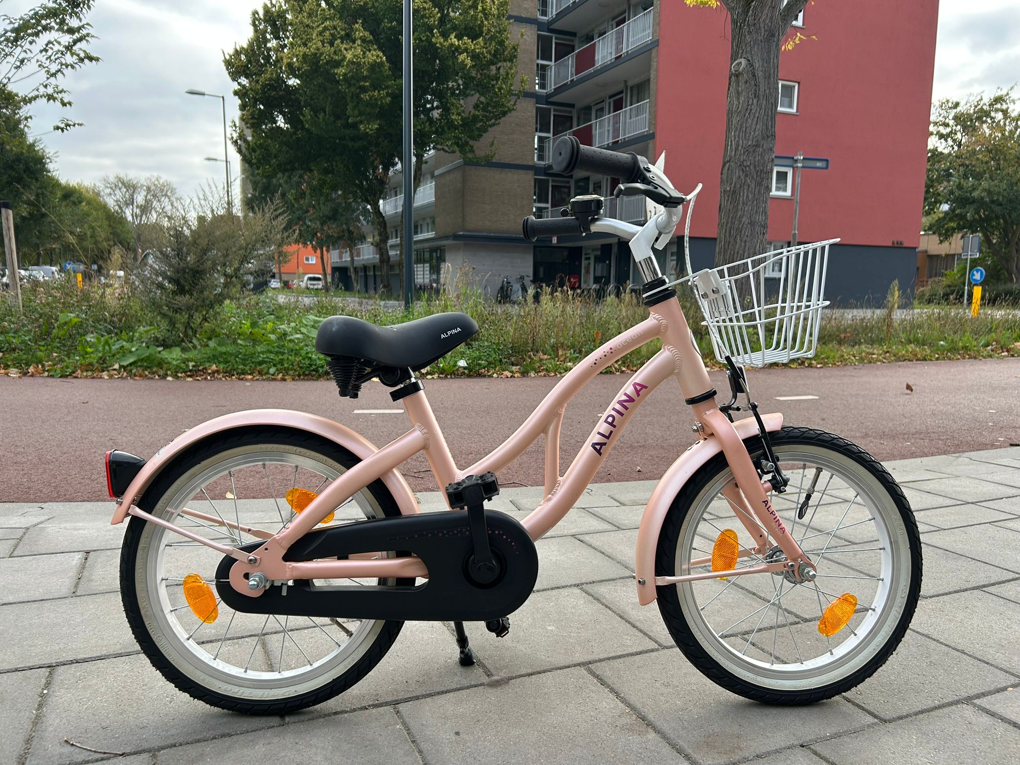 Alpina meisjesfiets Ocean 16 inch met mandje, terugtraprem en handrem voor