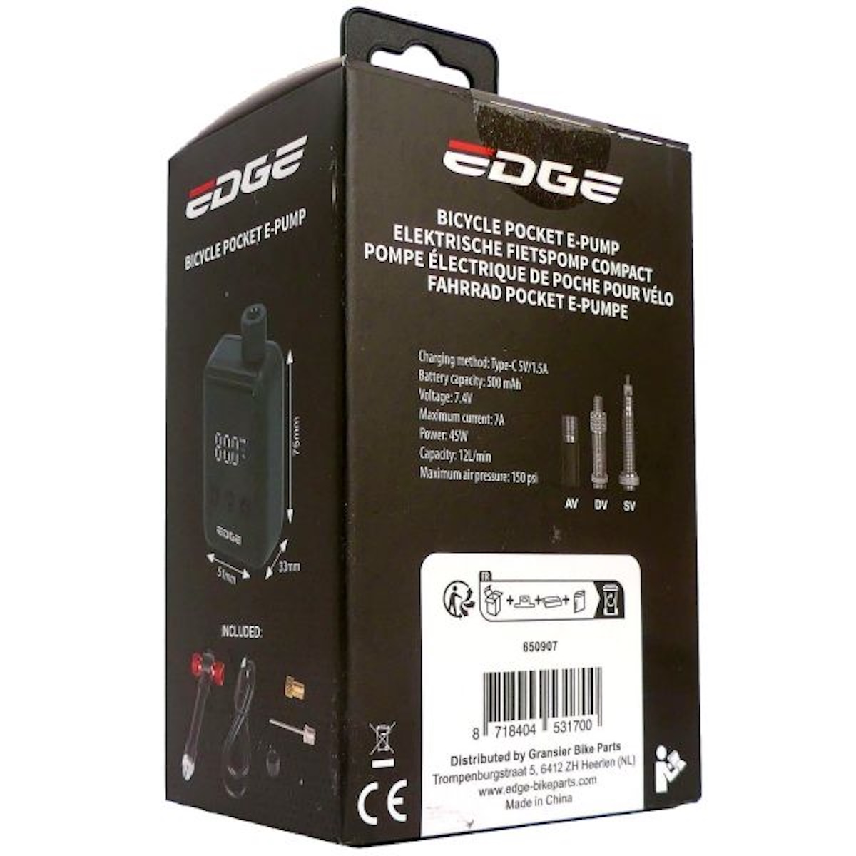 Fietspomp Elektrische Accu Edge zwart – compacte elektrische fietspomp met USB-C oplaadfunctie voor onderweg