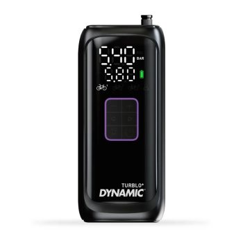 Fietspomp elektrisch Dynamic Turblo+ – krachtige elektrische fietspomp met digitale drukmeter, automatische stop en geheugenfunctie voor vier drukinstellingen.