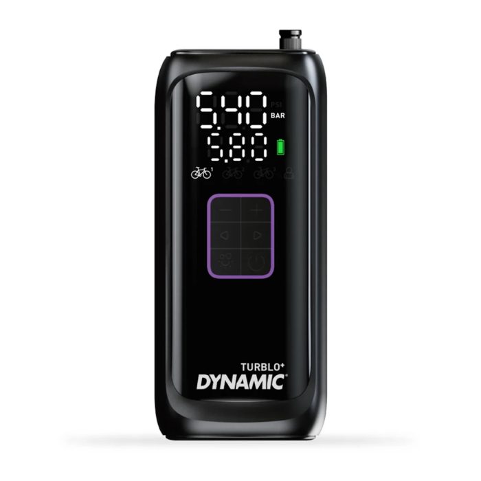 Fietspomp elektrisch Dynamic Turblo+ – krachtige elektrische fietspomp met digitale drukmeter, automatische stop en geheugenfunctie voor vier drukinstellingen.